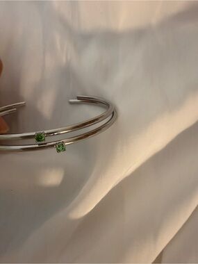 SET OF 2- Double Joy! Band Silver Cuff Bracelet with Emerald Green Stone Accents